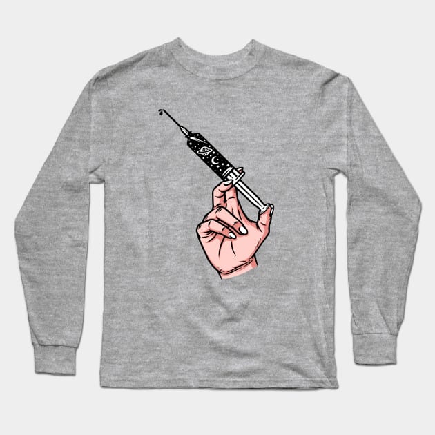 hand holding an injection with galaxy fluid Long Sleeve T-Shirt by gunaone design